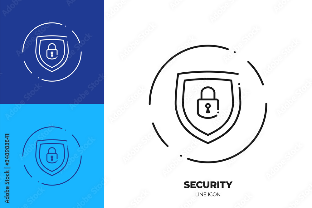 Poster lock on shield line art vector icon. outline symbol of access protection.