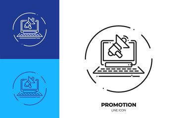 Laptop with loudspeaker line art vector icon. Outline symbol of advertising.