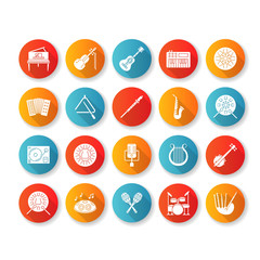 Classical musical instrument flat design long shadow glyph icons set. Live pop band concert. Orchestral music performance. Play jazz and blues song. Silhouette RGB color illustration