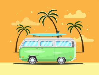 Vector illustration of a van with palm trees and clouds. Flat design.