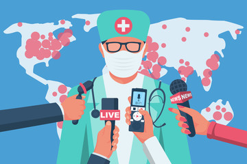 Press interview with medical doctor. Medical Conference. Doctor in a protective mask reporting. Journalists in a meeting with medicine. Vector flat design. Coronavirus Prevention Information covid-19