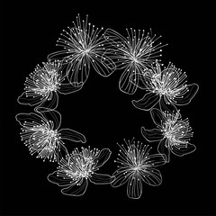 Round frame of flowers. White flowers on a black background. The wreath is wedding. Vector illustration..
