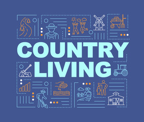 Country life word concepts banner. Village healthy lifestyle. Farm and ranch. Infographics with linear icons on navy blue background. Isolated typography. Vector outline RGB color illustration