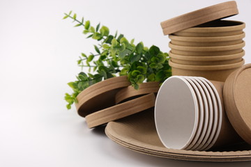 The concept of, ecology, eco, eco friendly. Natural eco-friendly disposable utensils. Dish plate, cup and fast food box containe