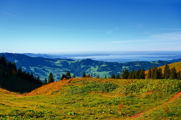 Bregenzerwald landscape and Lake Constance, Austria.