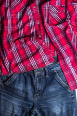 At the top of the photo lies a red checkered shirt. At the bottom of the photo are jeans. Photo above
