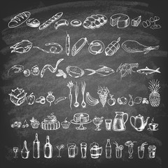 Retro vintage style food design. Hand drawn elements for cooking, vegetables, restaurant and vegetarian food. Vector illustration.