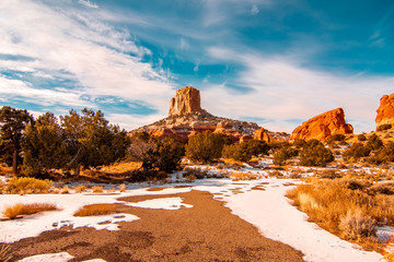 Monument Valley, Utah, USA. Beautiful winter landscape with blue sky. National Landmark of America. Travel through the canyons.