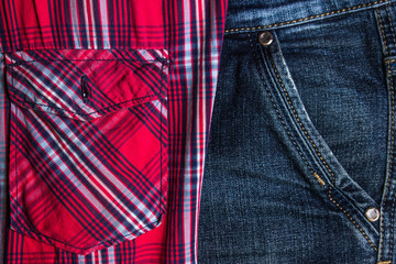 Half photo jeans and the other half photo red check shirt