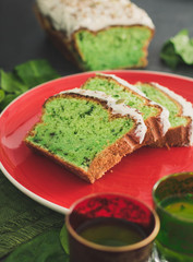 green cake with tea