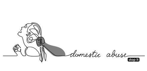 Stop domestic abuse vector poster, banner, background, illustration. Mans arm pulls or grabs womans hair. One continuous line drawing and handwritten text domestic abuse.