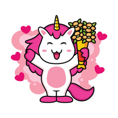 funny unicorn with flower and love cartoon