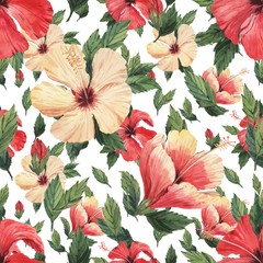 Pattern with beautiful watercolor tropical flowers and leaves. Tropics. Realistic tropical leaves. Tropical flowers. - 348990220