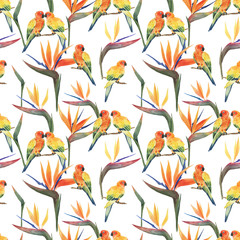Pattern with beautiful watercolor tropical flowers and parrots. Tropics. Realistic birds. Tropical flowers. - 348990290