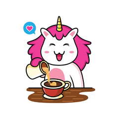 cute unicorn cartoon make a cup of coffee