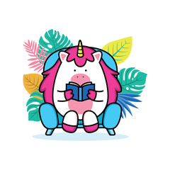 unicorn reading a book in sofa © Hadi