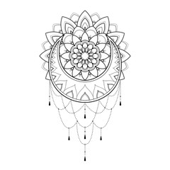 Ethnic mandala with moon and flowers for greeting card, invitation, Henna drawing and tattoo template. Moon