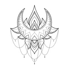 Ethnic lotus mandala with moon and for greeting card, invitation, Henna drawing and tattoo template. Moon