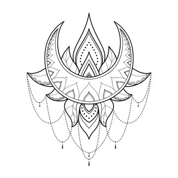 Ethnic lotus mandala with moon and for greeting card, invitation, Henna drawing and tattoo template. Moon