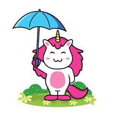 cute unicorn cartoon with umbrella