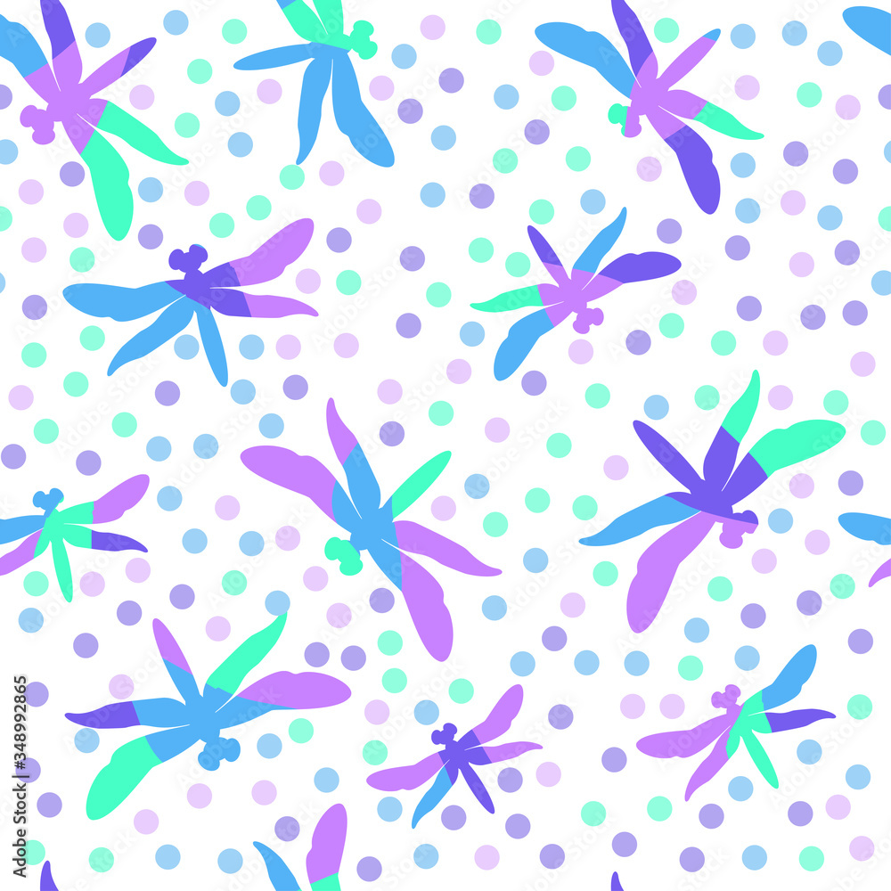 Poster abstract seamless pattern with dragonflies on light background. modern template for fabric design wi