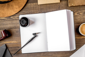 profession concept with writer tools on work desk background top view