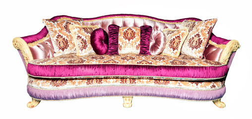 Luxurious sofa upholstered in expensive brocade textile fabric isolated on a white background.