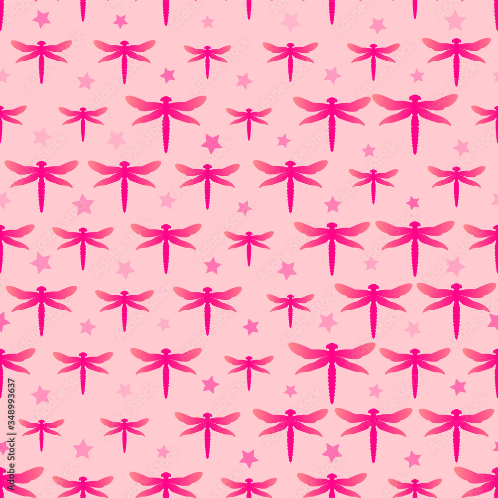 Poster Abstract seamless pattern with dragonflies on light background. Modern template for fabric design with dragonflies. Seamless vector template. Cartoon vector illustration. Colorful modern background.