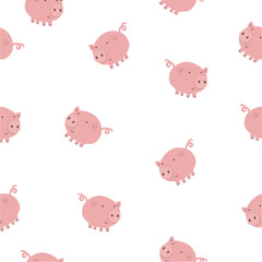 Flat cute pigs collection. Seamless pattern of piggy isolated on white background. Cartoon vector illustration for childish decoration clothes, patterns, stickers, cards, fabric, textile
