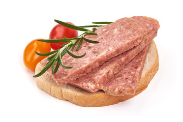 Sandwich with canned stew, isolated on white background