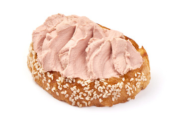 Chicken liver pate sandwich, isolated on white background