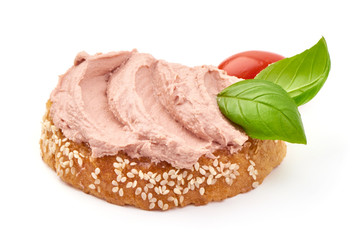 Chicken liver pate sandwich, isolated on white background