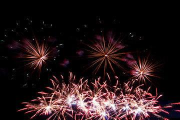 Fototapeta premium Pink sparks of a bright firework in the night sky.