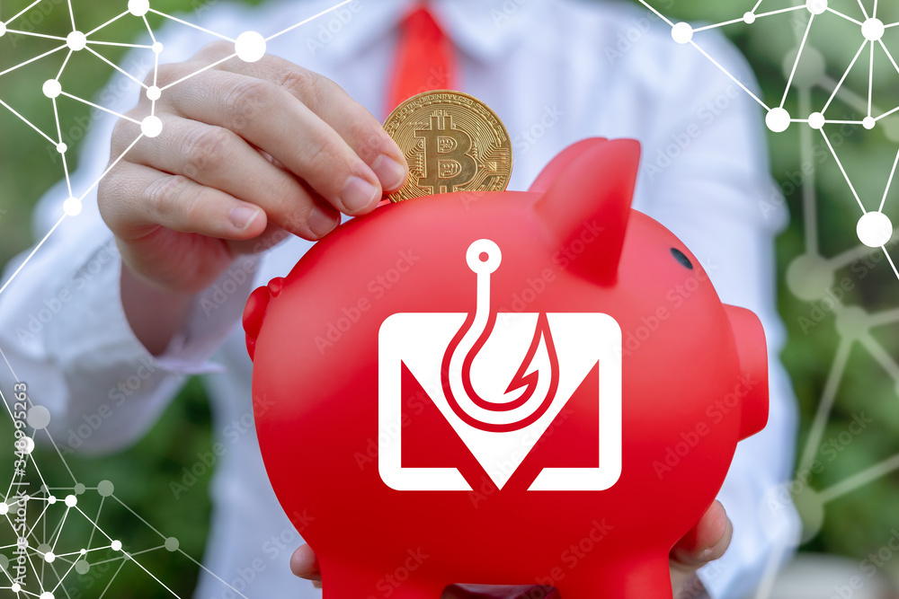Poster phishing hacker virus attack money banking theft concept. bitcoin blockchain cyber security.
