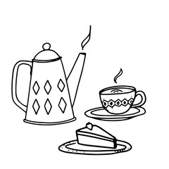 Hand drawn set of tea cup, teapot and piece of cake. Vector collection of tea mug, teapot and cheesecake. Perfect for greetings, cards,posters, postcard congratulations,warm wishes, tea shop or store