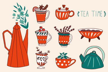 Hand drawn flat set of tea cup, teapot berries and herbs. Cartoon vector collection of cute tea mug, in teatime subjects. Perfect for greetings, cards, posters, congratulations, tea shop or store