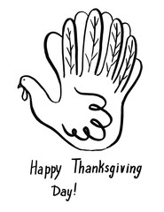 happy thanksgiving greeting card with abstract palm-shaped turkey, hand drawing. Black-white vector illustration can be used as background or clipart.
