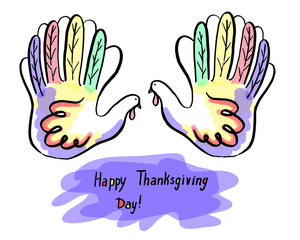 happy thanksgiving greeting card with abstract two palm-shaped turkeys, hand drawing