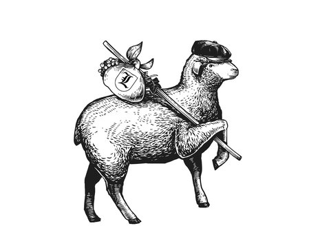 Illustration of the vagabond sheep wearing a cap on his headher head. Wandering Sheep with a bundle on a stick. Engraved vintage style illustration of the sheep. Can be used for Poster, Package, Logo 