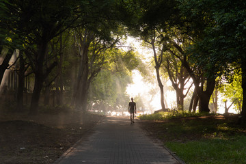 Walkway to Kuta Beach in Bali. The back of one unidentifiable person walking. Light-shafts coming through trees. Soft focus. Empty Bali during corona virus crisis. Tourism. Mixed lighting conditions.