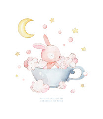 Little Bunny Takes Baths in a Cup. Moon and stars in the background. Can be used for baby t-shirt print, fashion print design, kids wear, baby shower celebration, greeting and invitation card.