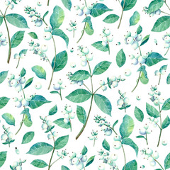 Seamless pattern with watercolor snowberry. Branches and berries. Perfect for greetings, invitations, manufacture wrapping paper, textile, wedding and web design. Raster illustration.