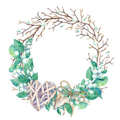 Fototapeta premium Round frame with watercolor wreath of snowberry and branches. Place for your text. Perfect for greetings, invitations, announcement, web and wedding design. Raster.
