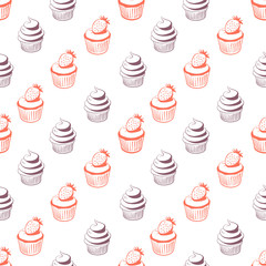 Seamless pattern with cupcakes. Colorful set of desserts in sketchy style isolated on white background. Doodle hand drawn desserts and pastry. Vector illustration