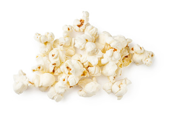 Heap of salted popcorn, isolated on white background. Top view.