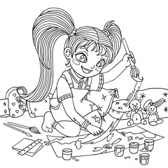 Coloring page for children and adults. A little smiling girl paints her masterpiece in fun. Vector outline illustration for coloring book. Line art on white background.