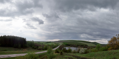 Obraz premium Country road and green trees nature landscape in the summer. Panoramic view of a country road