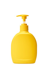 Yellow Plastic pump soap bottle without label isolated on white background