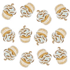 Illustration decorative background with drawings of delicious fresh muffins on white For decoration 