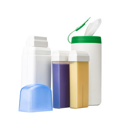 Set for epilation on white background. Cartridges with wax